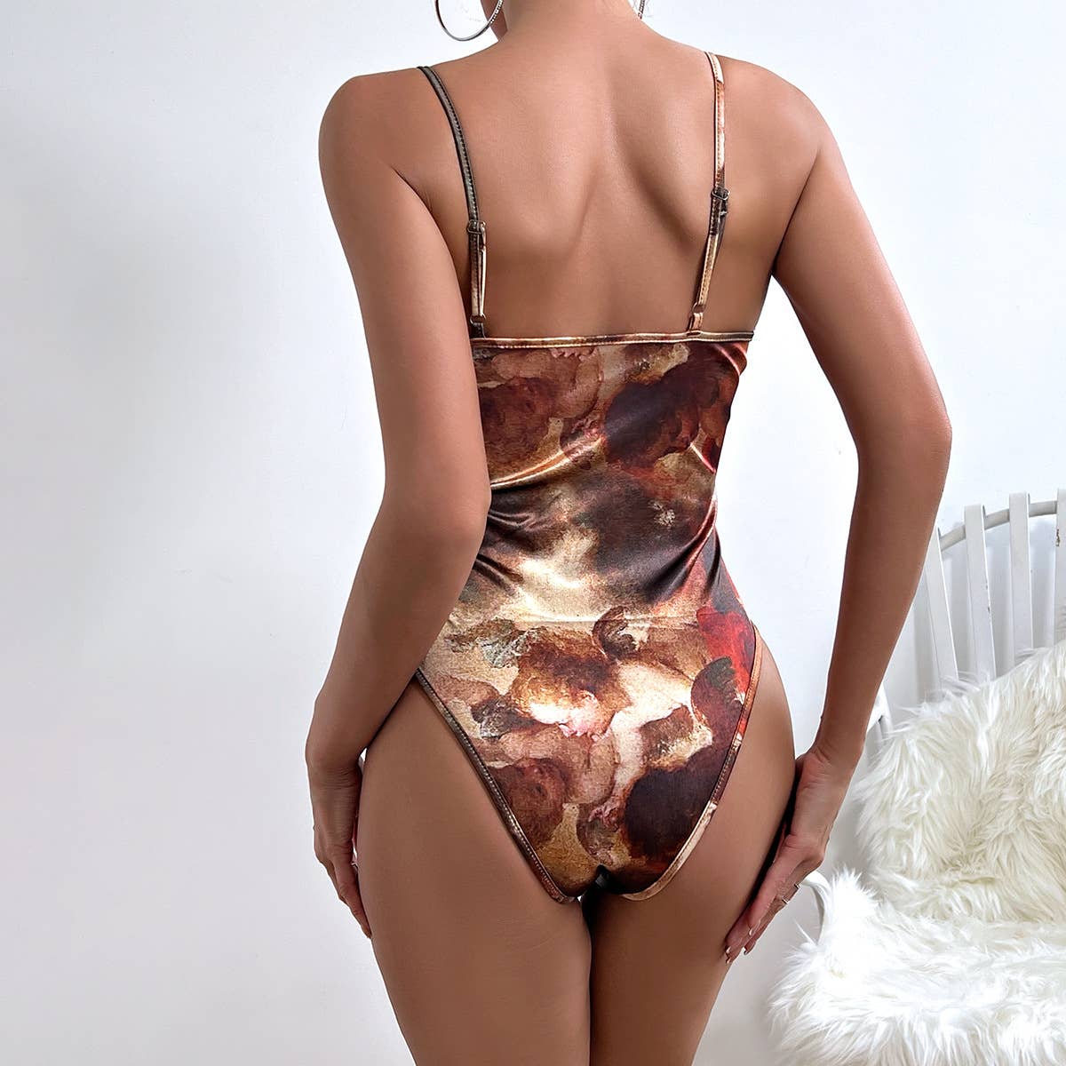 Street Print Oil Painting Halter Sexy Backless Bodysuit