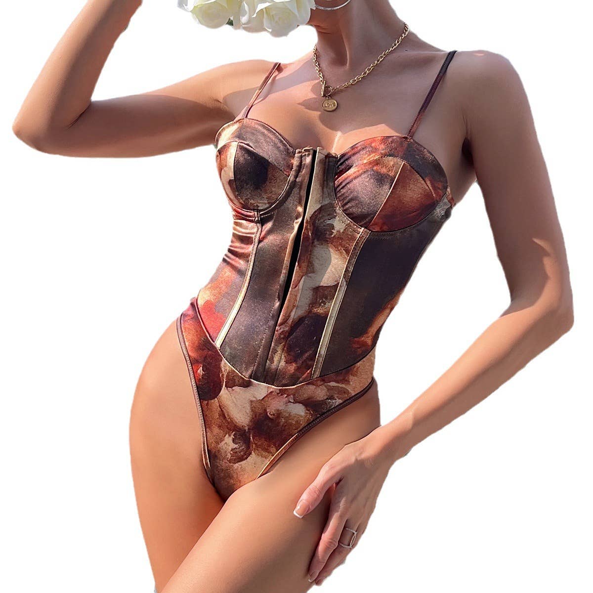 Street Print Oil Painting Halter Sexy Backless Bodysuit