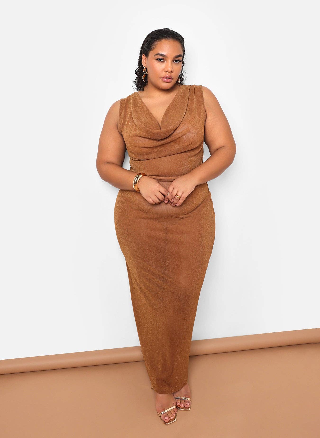 Samira Sheer Glitter Mesh Cowl Neck Maxi Bodycon Dress - Mocha