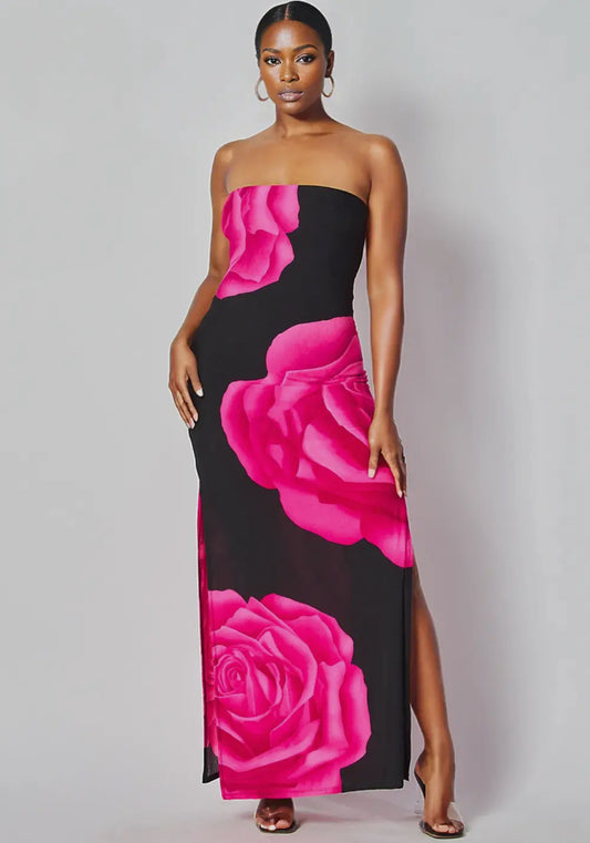 Strapless floral print maxi dress